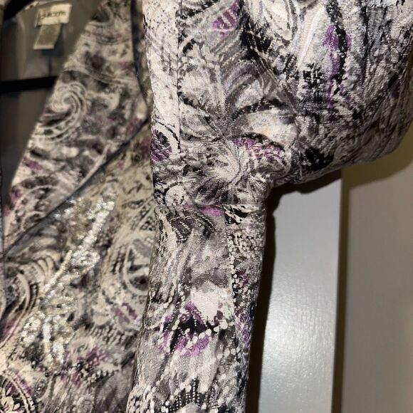 Chicos XL (Sz 3) Silk Blend Blazer Jacket White Black Purple Abstract Womens EUC - Picture 4 of 12